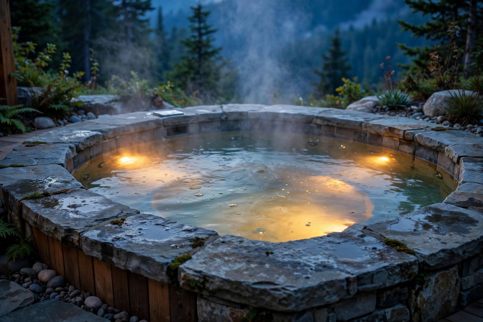 Spa water steaming at dusk